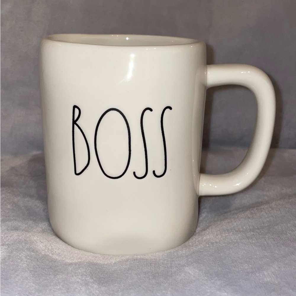 Rae Dunn NWOT “BOSS” 16 Oz White Mug Black Letters Coffee Artisan Collection